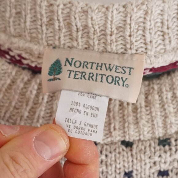 VTG Northwest Territory Ivory Cotton Knit Cabincore Retro Eclectic Sweater XL - Picture 4 of 11